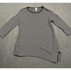 Weekends by Chico's Womens‎ Blouse Black White Stripe Asymmetrical Size 2 Large